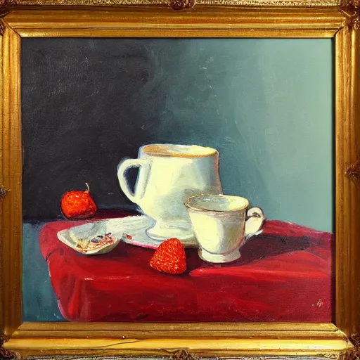 Image similar to a painting of a bowl of berries and a cup of tea, a still life by juliette wytsman, featured on deviantart, american impressionism, rich color palette, acrylic on canvas