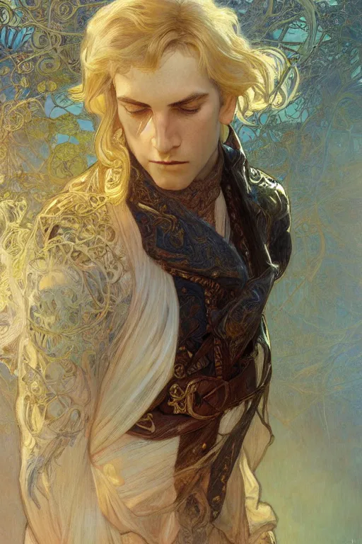 Image similar to young male magician, golden hair, 1920, fantasy, intricate, highly detailed, digital painting, artstation, concept art, smooth, sharp focus, art by Artem Demura and Alphonse Mucha, ArtGerm, Valentina Remenar, Gaston Bussiere, Cedric Peyravernay