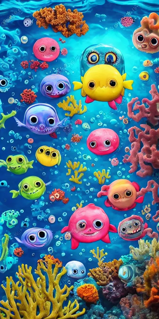 Image similar to colorful cloudy deep sea under water with strange cute friendly happy creatures with huge eyes, mouth, long tongue and round teeth appearing from sandy coral