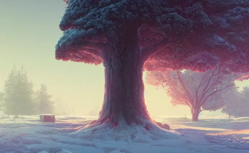 Image similar to A landscape with a giant tree in the snow, Low level, rendered by Beeple, Makoto Shinkai, syd meade, simon stålenhag, environment concept, synthwave style, digital art, unreal engine, WLOP, trending on artstation, 4K UHD image, octane render,