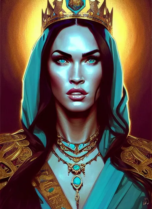 Image similar to portrait of megan fox as a queen, throne, jewelry, greek, turquoise, intricate, headshot, highly detailed, digital painting, artstation, concept art, sharp focus, cinematic lighting, illustration, art by artgerm and greg rutkowski, alphonse mucha, cgsociety