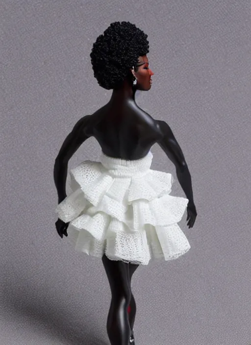 Prompt: Product Introduction Photos, 4K, Long view, Full body, 80mm resin detailed miniature of a Muscular Black Woman in white and lacy ruffled mini-skirt