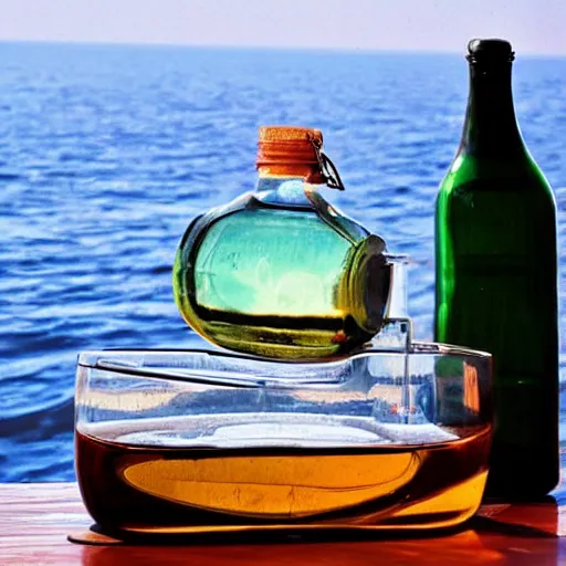 Prompt: A Ship inside a bottle lying on the table, perfect definition,