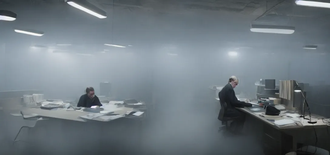 Image similar to an isolated man working at his desk, foggy, cinematic shot, photo still from movie by denis villeneuve, wayne barlowe