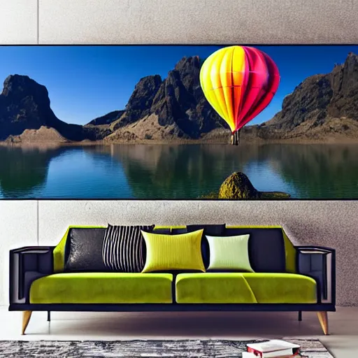 Image similar to photo of two black swans touching heads in a beautiful reflective mountain lake, a colorful hot air balloon is flying above reflecting off water, hot air balloon, intricate, 8k highly professionally detailed, centered, HDR, CGsociety