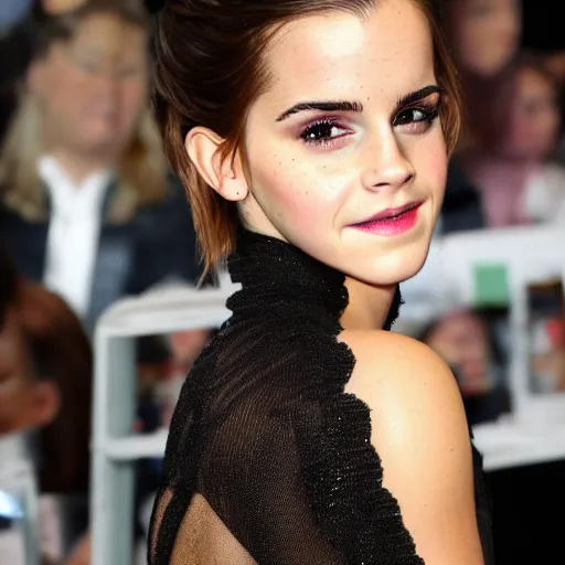 Image similar to emma watson mixed with kim kardashian, full - figure profile shot