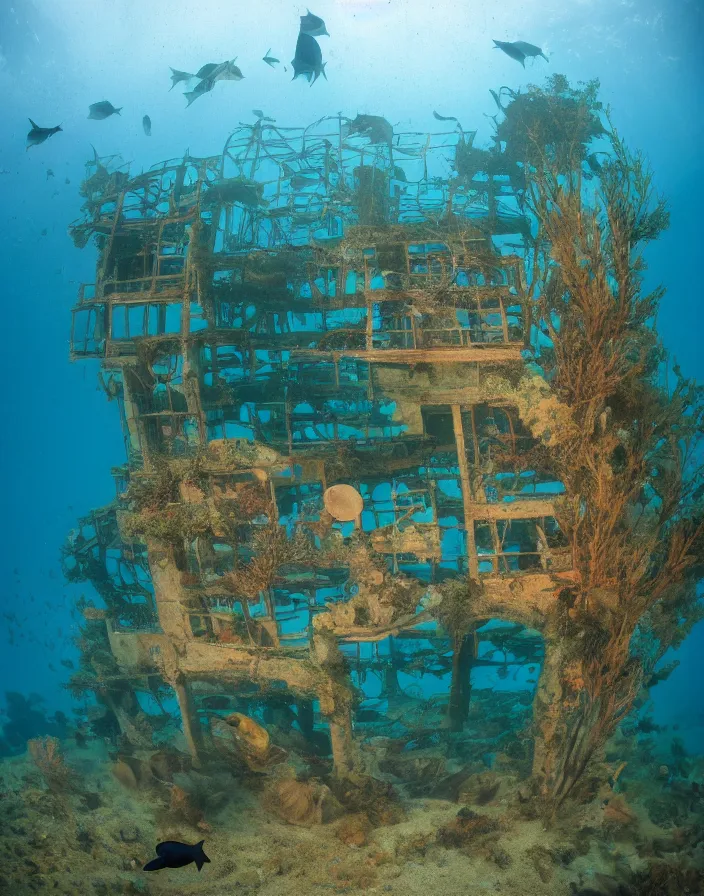 Image similar to an underwater city school for fish, 8k, National Geographic photo field.