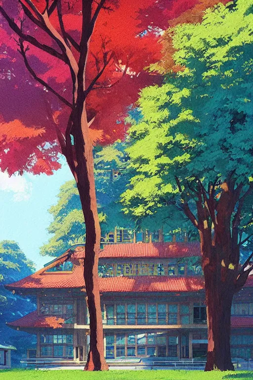 Image similar to a colorful high school building with beautiful trees, morning, by studio ghibli painting, superior quality, masterpiece, traditional Japanese colors, by Grzegorz Rutkowski, concept art