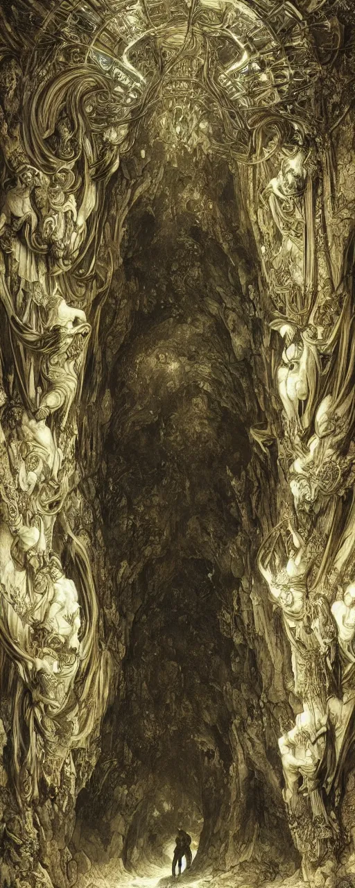 Prompt: medieval explorers inside an enormous alien cavern, enormous shiny black alien architecture, an enormous portal opens to another dimension, translucent, inner illumination, cinematic lighting, volumetric, complementary color, by h. r. giger and gustave dore, by alphonse mucha and roger deakins