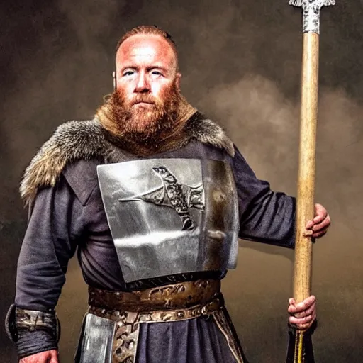 Prompt: Alex Jones as a viking warlord, standing at the front of a longship with a sword