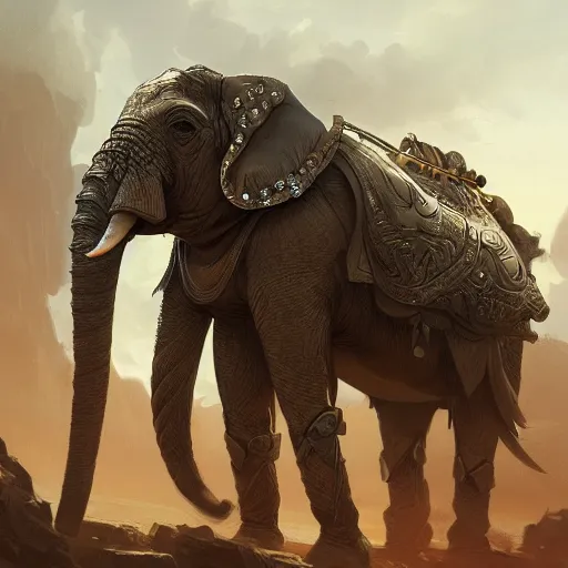 Prompt: closeup an armored war elephant, D&D, fantasy, intricate, elegant, highly detailed, digital painting, artstation, concept art, matte, sharp focus, illustration, art by Artgerm and Greg Rutkowski and Alphonse Mucha