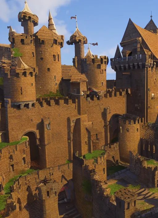 Image similar to a stylized medieval castle with towers, gate, and rockwalls. highly detailed, unreal engine. daylight. trending on artstation.