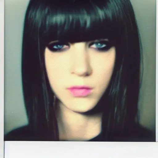 Image similar to polaroid photograph of emo girl, long hair and bangs