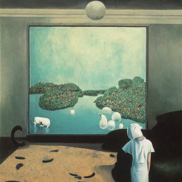 Image similar to painting of flood waters inside an apartment, tall female emo art student, a river flooding through a wall, tangelos, zen, pigs, ikebana, water, river, rapids, waterfall, black swans, canoe, pomegranate, berries dripping, acrylic on canvas, surrealist, by magritte and monet