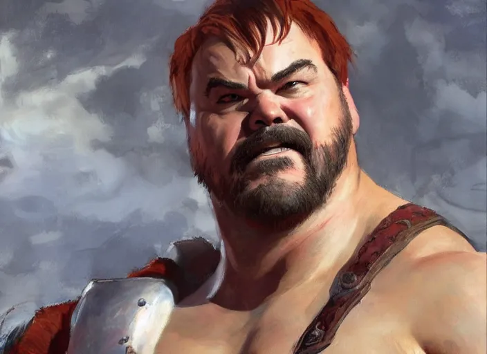 Image similar to a highly detailed beautiful portrait of jack black as kratos, by gregory manchess, james gurney, james jean