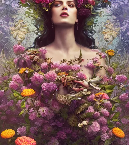 Prompt: portrait of the queen of the underworld, surrounded by flowers by karol bak, James Jean, tom bagshaw, rococo, trending on artstation, cinematic lighting, hyper realism, octane render, 8k, hyper detailed.