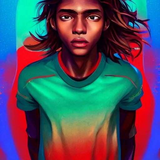 Image similar to colorful and festive captivating teenager with straight brown hair covering his eye, dark skin, big lips, big eyes, wearing a red t - shirt. rich vivid colors, ambient lighting, dynamic lighting, 4 k, atmospheric lighting, painted, intricate, highly detailed by charlie bowater