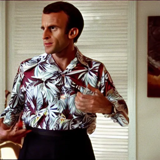 Image similar to Emmanuel Macron wearing Hawaiian shirt in American Psycho (1999)