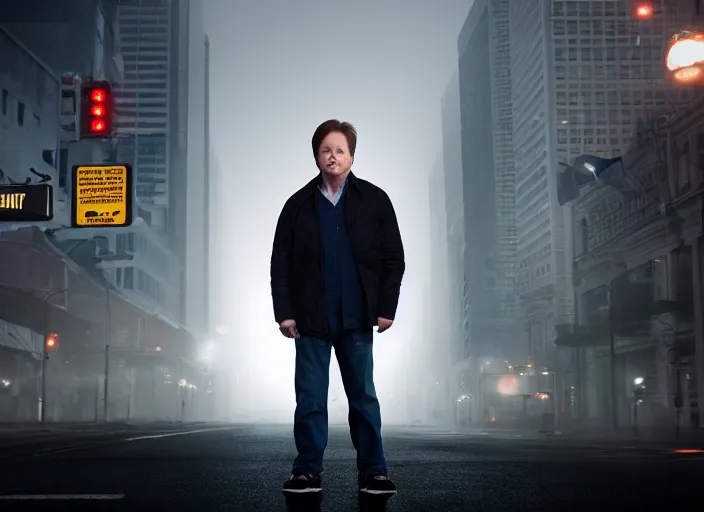 Image similar to film footage of giant michael j. fox in a foggy city, eerie, monster movie, 8 k, 8 5 mm f 1. 8, studio lighting, rim light, right side key light