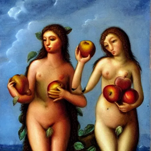 Prompt: adam and eve with apples on their hands