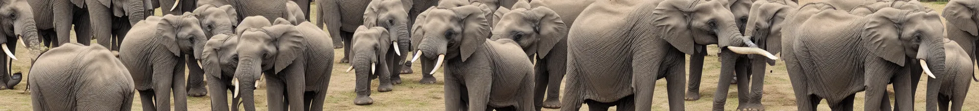 Prompt: a procession of elephants holding each other's tails