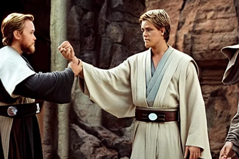 Prompt: Obi-Wan Kenobi and Anakin Skywalker fistbump like total bros