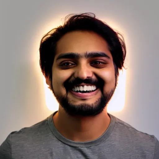 Image similar to Mutahar laughing, led lights, dark room