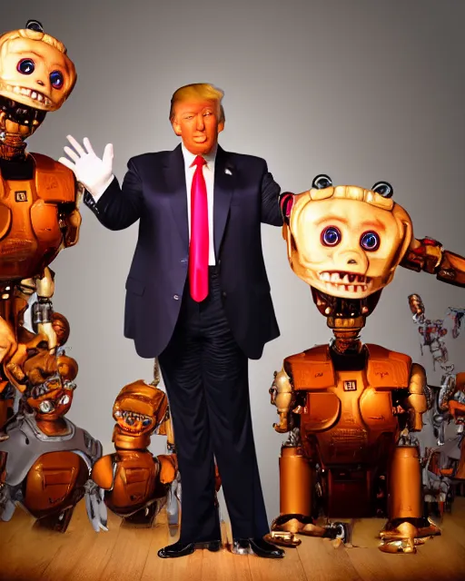 Image similar to Donald Trump as an animatronic Robot, Hyperreal, highly detailed hands and Face, Full Body, Studio Lighting, in the Style of Disney Imagineering