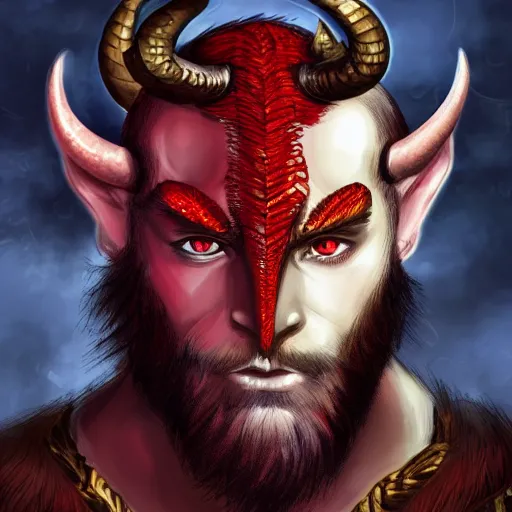 Image similar to dnd style portrait of a tiefling, male, red scales, red skin, a big black beard, completely golden eyes, 2 black ram horns growing out of his forehead,