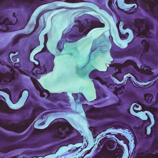 Image similar to dark purple, a female art student falling asleep, misty, iceberg, black paint, dark, sensual, dreamy, waves, swirls, blue drips, fish, blueberries, octopus, neo - impressionist, surrealism