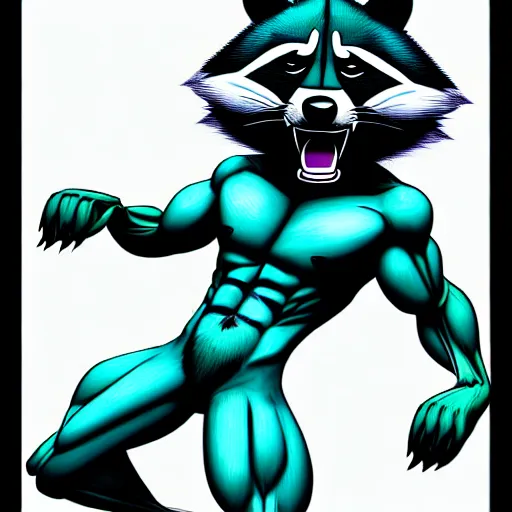 Prompt: anthropomorphic muscular teal raccoon, generic furry style, wearing jeans, deviant art, professional furry drawing, insanely detailed, artistic design, hyper detailed wolf - like face, doing a pose from jojo's bizarre adventure, detailed veiny muscles, exaggerated features, beautiful shading, dramatic lighting, jojo style