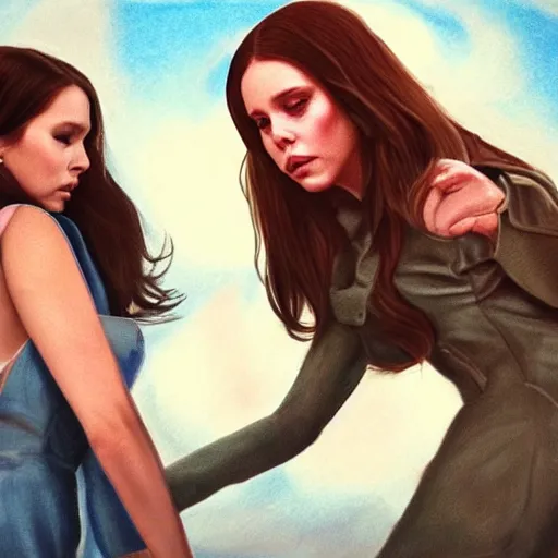 Prompt: lana del rey fighting Elizabeth olsen, photorealistic, high detail