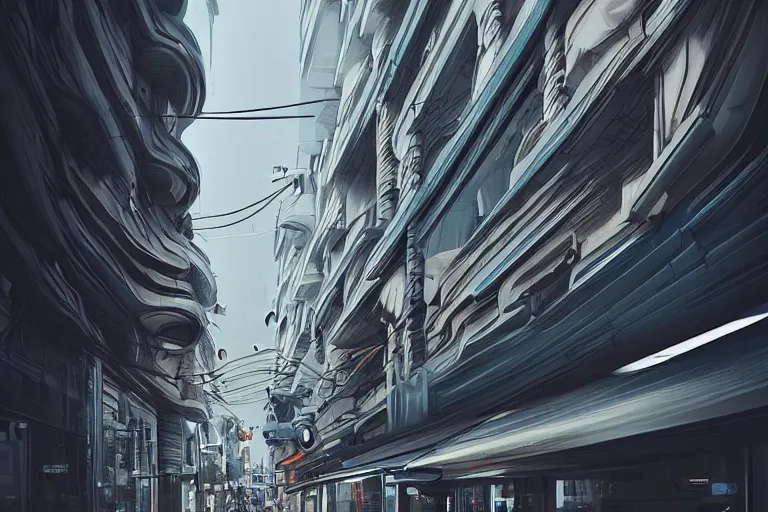 Image similar to urban street twisted in random curves, highly detailed, photorealistic, reflections, smooth, sharp focus, concept art, illustration, beautiful, geometric, trending on artstation, cinematic, featured on behance , artwork by WLOP and Tran, Ross