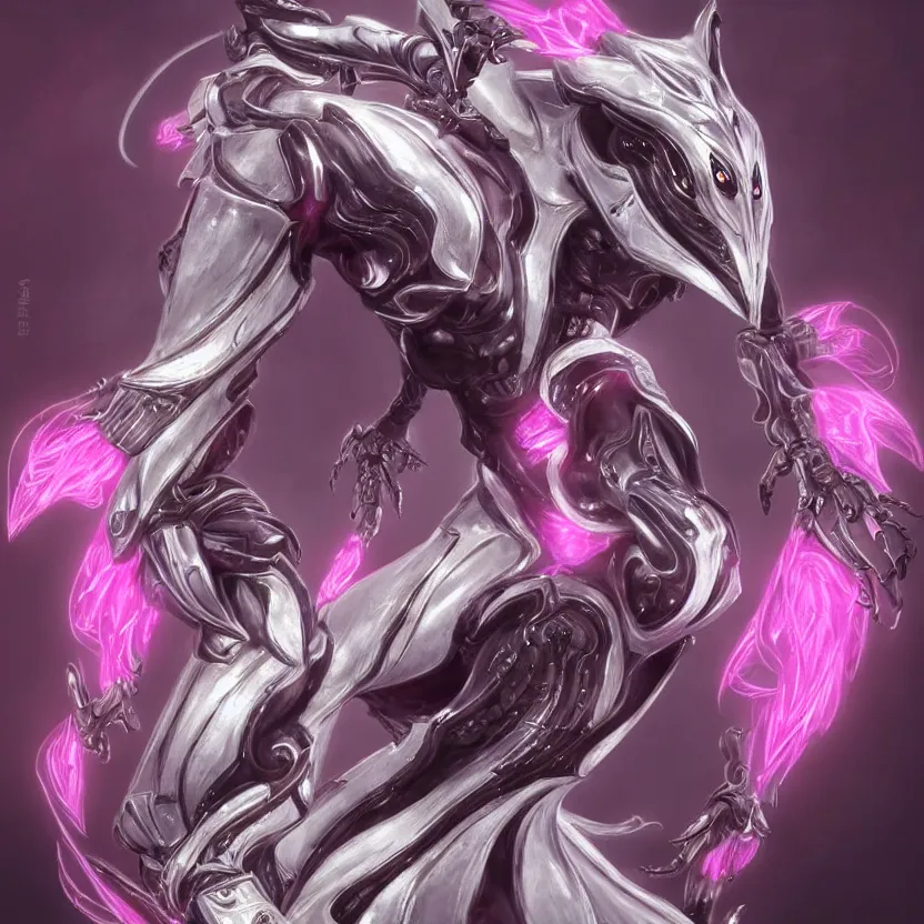 Image similar to highly detailed exquisite fanart, of a beautiful female warframe, but as an anthropomorphic elegant robot dragon, shiny white silver plated armor engraved, robot dragon head, Fuchsia skin beneath the armor, sharp claws, long tail, robot dragon hands and feet, two arms and legs, elegant pose, close-up shot, full body shot, epic cinematic shot, professional digital art, high end digital art, singular, realistic, DeviantArt, artstation, Furaffinity, 8k HD render, epic lighting, depth of field