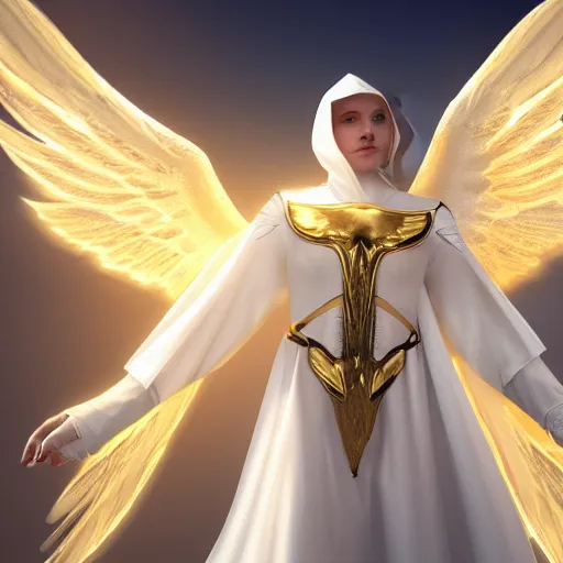 Image similar to Angel in white linen, golden armor, glowing sword in hand, translucent wings, concept character, beautiful, stunning, gold mist, radiating power, energy, god rays, luminescence, fractal, photography, unreal engine, 8k