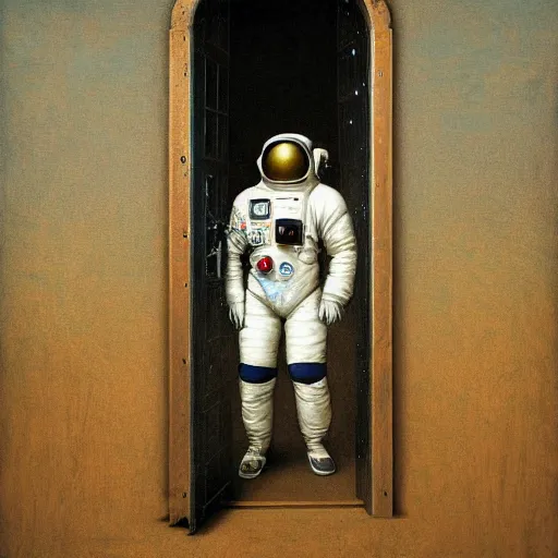 Image similar to 4 k, hyper - realism, distant shot, extra - details, psychedelic astronaut opening door that leads to the universe by davinci.