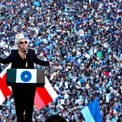 Image similar to Lady Gaga as president, Argentina presidential rally, Argentine flags behind, bokeh, giving a speech, detailed face, Argentina