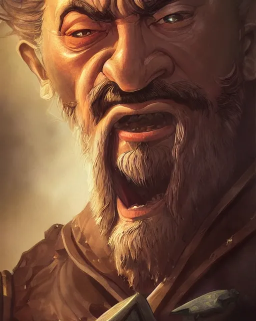 Prompt: digital painting of an angry hernan cortes by filipe pagliuso and justin gerard, symmetric, fantasy, hyper detailed, intricate, portrait, digital painting, sharp focus, tarot card, studio ghibli color scheme, handsome, concept art, alluring, game art, magic : the gathering