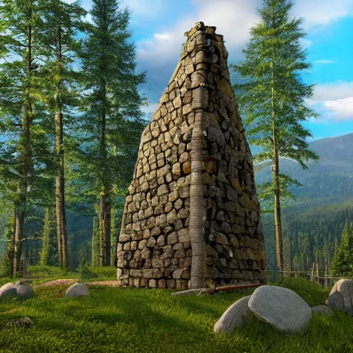 Image similar to an old lost Celtic ark made of stones, surrounded by a forest of tall pine trees, a mountain in the background, cloudy but bleu sky, photorealism, render with unreal engine, anamorphic lens flare, details, HD, 8k, cinematic