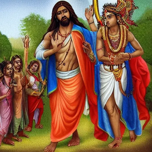 Prompt: jesus dressed as a hindu god, walking with lord shiva in a village