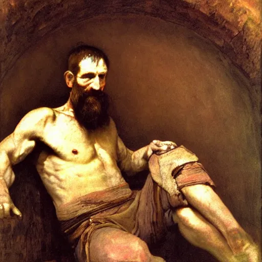 Image similar to Portrait Portrait of Diogenes the Cynic donning hobo costume whilst resting in an enormous wine cask theodore gericault donato giancola john william waterhouse maxfield parrish mikhail vrubel arkhip kuindzhi astri lohne stained lacquer glaze