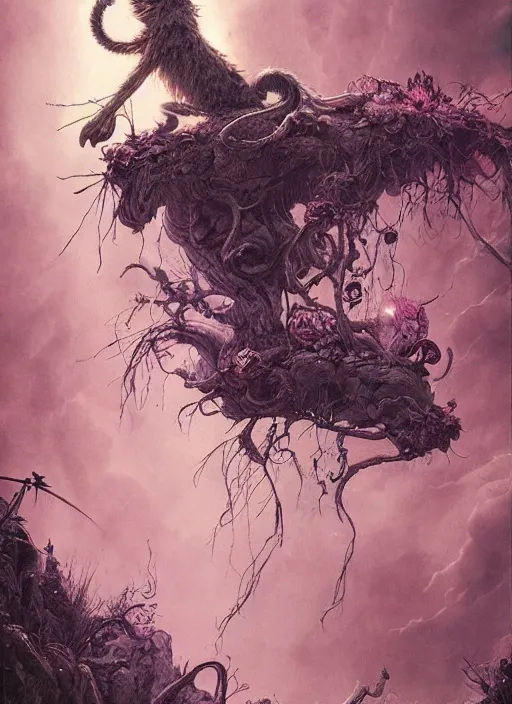 Image similar to cheshire cat the magician tarot card, highly detailed, cinematic, 8 k, by stanley artgermm, tom bagshaw, greg rutkowski, carne griffiths, ayami kojima, beksinski, giger, trending on deviantart, hyper detailed, horror, full of colour