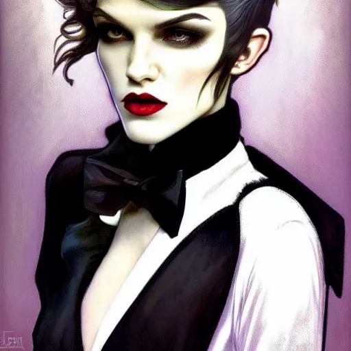 Image similar to beautiful portrait of androgynous ruby rose as desire from sandman in a white tuxedo!!!, rockabilly style, art deco, by alphonse mucha, cedric peyravernay, by jeremy mann, by frank moth, white suit and black tie, soft lightning, high detailed, 8 k