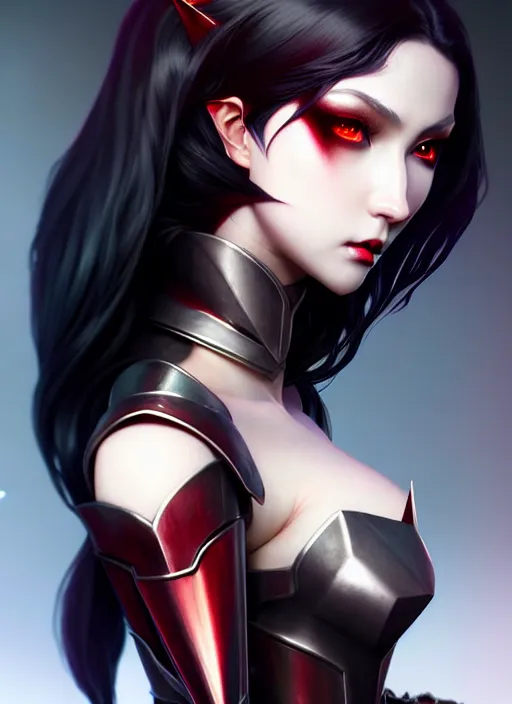 Image similar to full plate armor!!! beautiful and elegant dark hair female vampire!! gorgeous ayes!! character concept art, sharp focus, octane render! unreal engine 5! highly rendered!! trending on artstation!! detailed linework!! illustration by artgerm, wlop, and chie yoshii