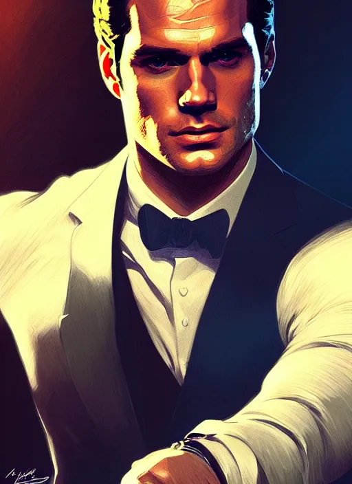 Image similar to portrait of henry cavill as james bond, casino, key art, running, highly detailed, digital painting, artstation, concept art, cinematic lighting, sharp focus, illustration, by gaston bussiere alphonse mucha