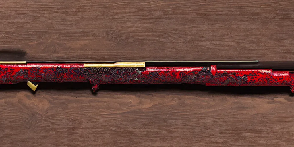 Image similar to a shotgun made from glossy red - painted wood and elements of gold metalwork