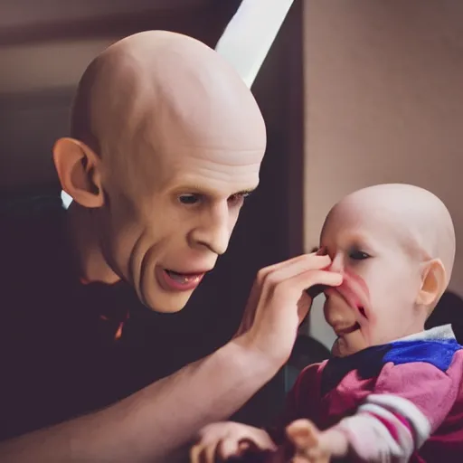 Image similar to portrait of nosferatu playing with his kid at the kindergarden, realistic detailed photography, 5 0 mm lens