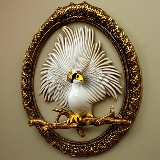 Image similar to gorgeous ornated snow white porcelain realistic detailed sacred falcon wall decoration with golden filigree carved out of ivory