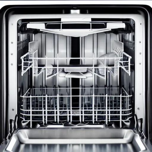 Prompt: The inside of a dishwasher has a single rusty frying pan, studio lighting, professional photography