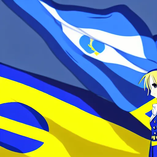 Image similar to anime girl general saluting near the flag of the ukraine, trending on pixiv, professional digital art